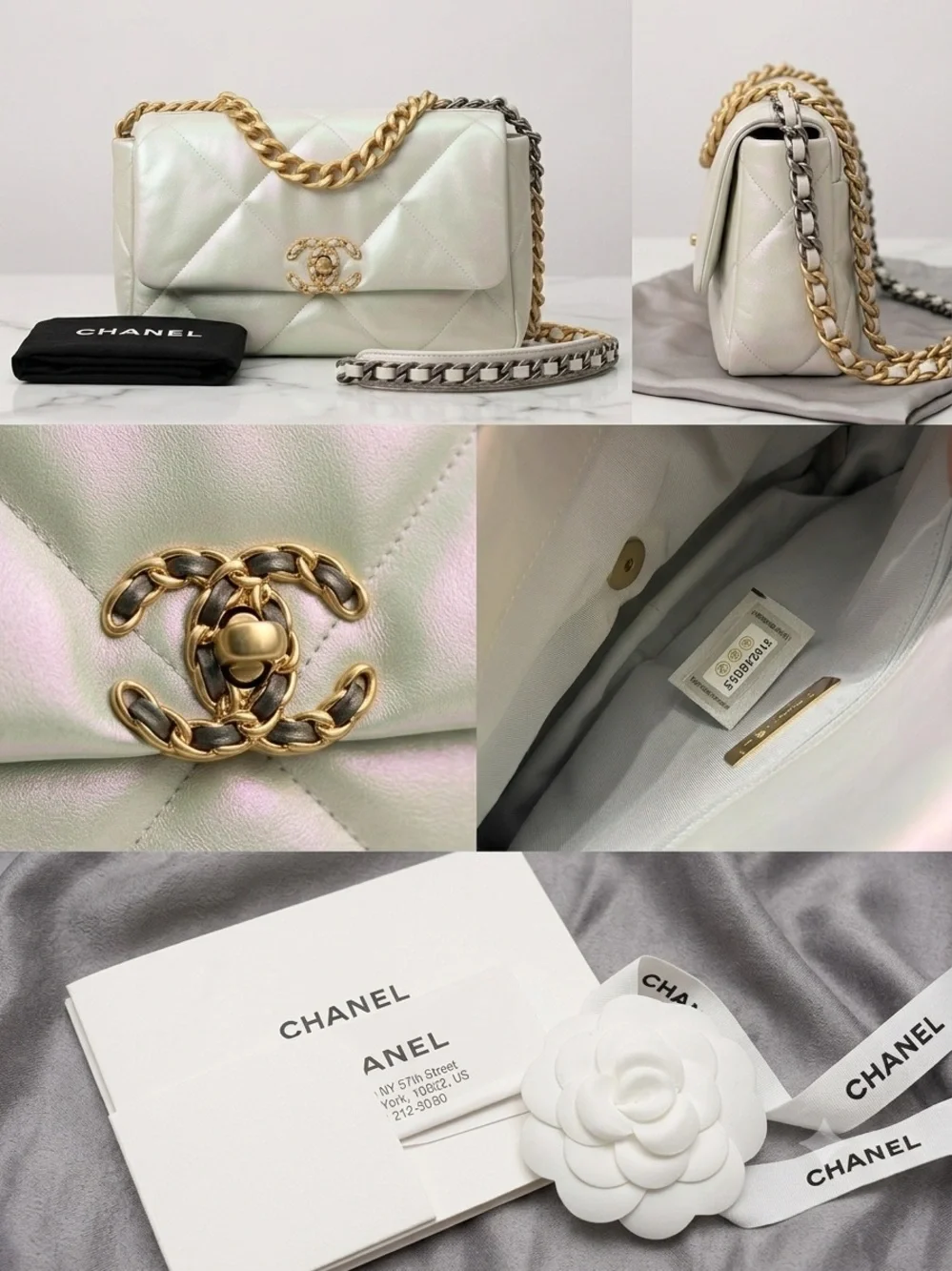 Authentic Chanel 19 Flap Bag Medium – Iridescent White Pearlescent Calfskin